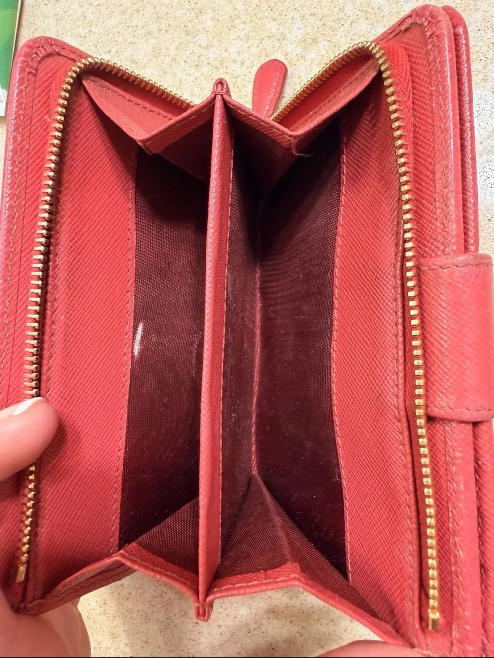 Prada Red Saffiano Zip-Around Wallet with Gold Logo